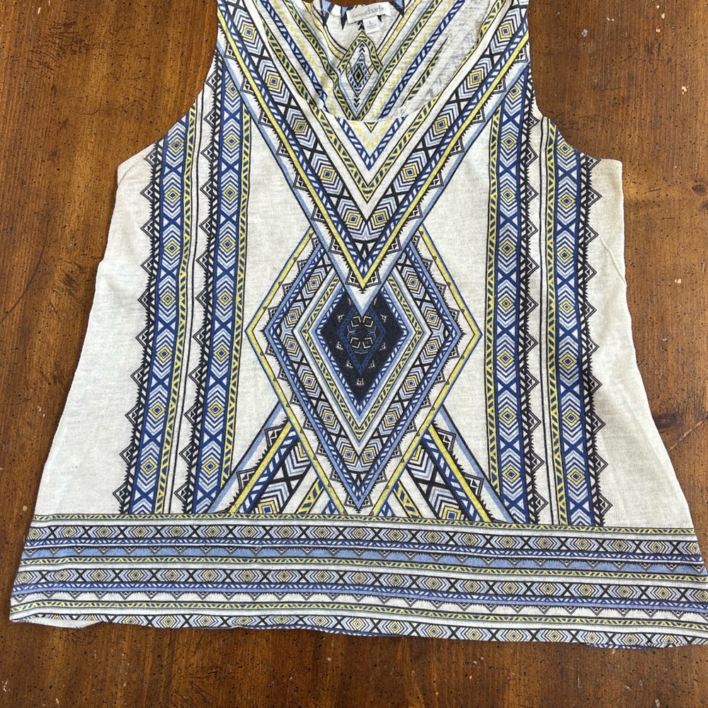 Charming Charlie Cream Tank Top with Blue and Yellow Geometric Print